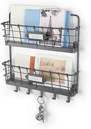 Spectrum Mail and Key Organizer for Wall, Vintage 2-Tier Mail Holder for Wall with 5 Key Hooks, Farmhouse Entryway Key and Mail Holder, Hanging Mail Organizer Rack for Letters Bills, Industrial Gray - Image 2
