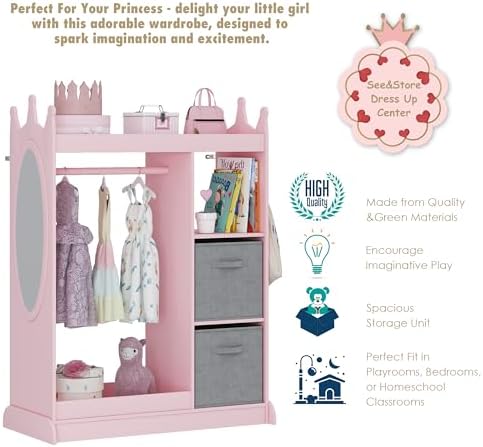 UTEX Kids Armoire Wardrobe Closet with Mirror and Storage Bin, Pink, 33.4 in W x 15.75 in D x 44.5 in H - Image 5