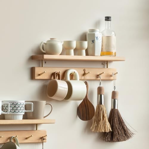 Solid Wood Wall Hooks with Shelf, Coat Rack Wall Mount, Entryway Hanging Shelf with 6 Brass Hooks for Hats, Clothes, Towels, Bags, Beech Wood, Natural - Image 5