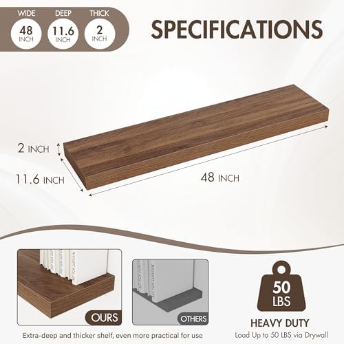 Acovy 48 Inch Floating Shelves, 12" Deep Floating Shelf Wall Mounted, 48" Wall Shelves, Rustic Deep Bookshelf, Extra Deeper & Thicker Display Shelves for Bedroom, Living Room, Set of 1 - Image 4