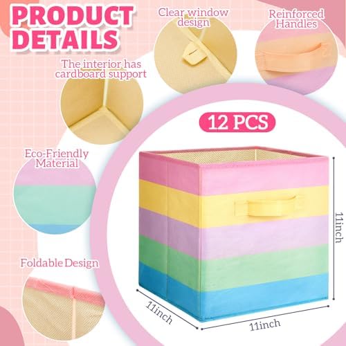 Yinder 12 Pcs Cube Storage Bin Rainbow Colorful 10.5''x10.5''x11'' Storage Bins for Playroom Decor Colorful Bins for Kids Foldable Baskets for Nursery Organizer Boxes Fabric Boxes - Image 3