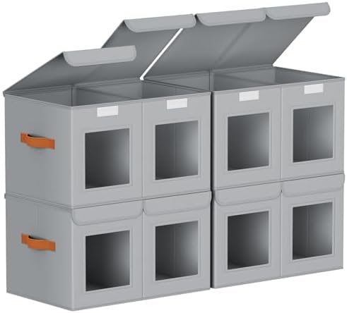 Homsorout Large Closet Storage Bins - Collapsible Divided Clothes Organizer with Lids & Dual Window, Fabric Organizing Bins for Clothes, Sweater, Bedroom, Office (Grey, 4 Pack) by Homsorout