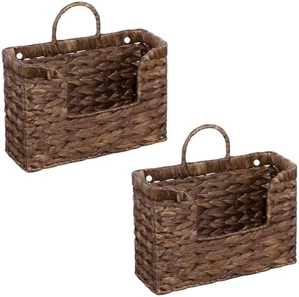 Set of 2 Magazine Holder Wall Basket Water Hyacinth Woven Mail Organizer, Wicker Wall Hanging Baskets for Magazines, Letters & Storage Decorative Mail Holder, Magazine Rack, Hanging Basket, Coffee by PINXIURY