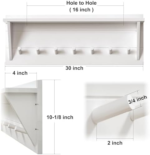 WEBI Coat Rack Wall Mount with Shelf,30" Long Entryway Wall Shelf with Hooks Underneath,7 Peg Hooks for Hanging Coats,Caps,Jacket,Clothes,White - Image 3