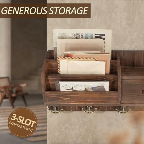 Rebee Vision Pine Wood Key Holder Wall Mount with Mail Sorter, Retro Brown - Image 3