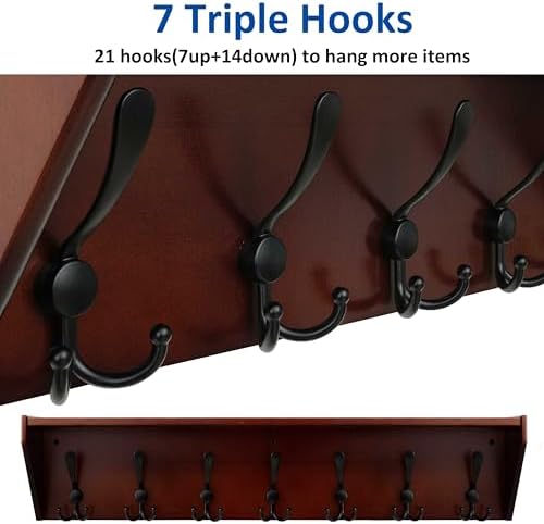 WEBI Coat Rack Wall Mount with Shelf,35" Long Wall Shelf with Hooks Underneath,7 Triple Hooks for Entryway,Hallway,Bedroom,Cherry - Image 5
