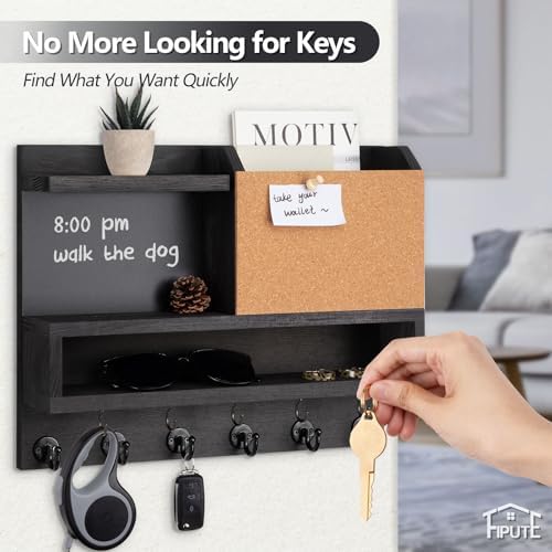 Key Holder for Wall Mount with Mail Organizer, Farmhouse Key Holder for Wall with Shelf, Chalkboard&Corkboard, Entryway Organizer 11 Metal Hooks, Decorative Natural Pine Wood, 14.6*11.1*3.3”, B-Black - Image 3