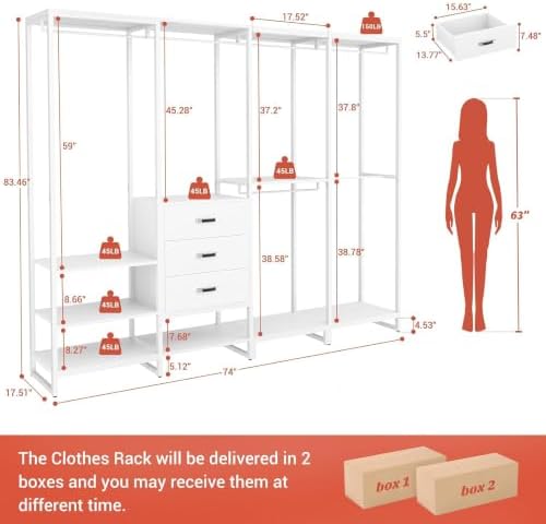 Freestanding Closet Organizer System with 3 Drawers, 6FT Heavy Duty Clothing Rack with Shelves and 6 Hanging Rods, Large Corner L Shaped Garment Rack, White - Image 3