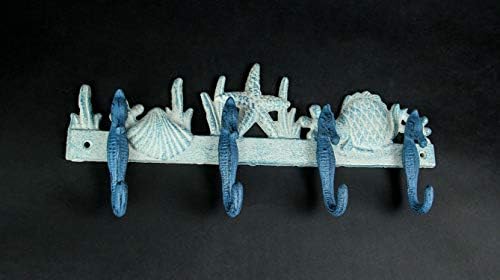 Zeckos Seahorse Wall Hook Rack, 15 Inch Blue and White Cast Iron - Image 3