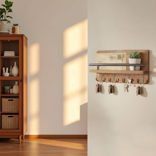 Key Holder for Wall, Wooden Key Hooks Wall Mount Mail Organizer Hanger Rustic Wooden Mail Rack Organizer with Hooks for Home Mudroom Office Entryway Hallway - Image 7