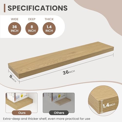 Acovy 36 Inch Floating Shelves, 8 Inch Deep Floating Shelves for Wall, Hanging Shelf with Invisible Brackets, Deep Shelves for Bathroom, Bedroom, Living Room, Oak, Set of 2 - Image 3
