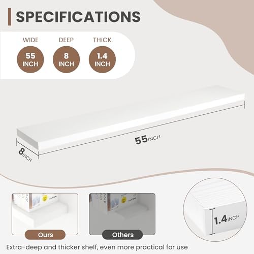 Acovy 55 Inch Floating Shelves, 8 Inch Deep Floating Shelves for Wall, Hanging Shelf with Invisible Brackets, Deep Shelves for Bathroom, Bedroom, Living Room, White, Set of 2 - Image 3