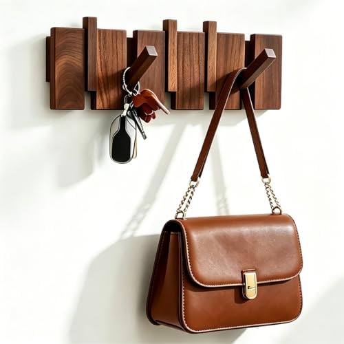 Coat Rack Wall Mount, Walnut 5 Flip-Down Picket Hanger Hooks for Entryway by WelcometoQuellance