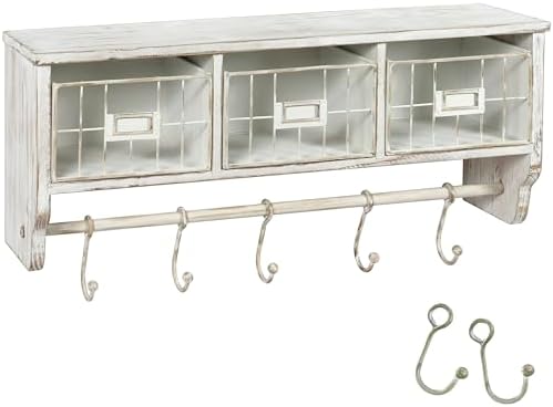 BizChair Wall Mounted Storage Rack - Whitewashed Solid Pine Wood - 24 Inch - Upper Shelf - 5 Hooks - Wire Baskets - For Entryway, Kitchen, Bathroom - Image 4