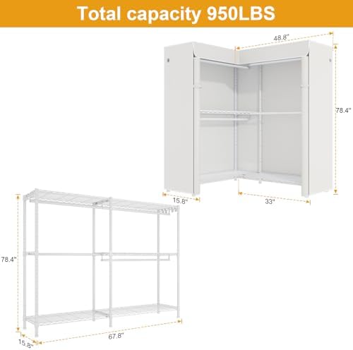 ULIFHOME E15C Pro Garment Rack L Shaped Clothes Rack for Corner，Freestanding Clothing Racks for Hanging Clothes，Heavy Duty Closet System 48.8"W x 15.8"D x 78.4"H，White Rack with White Dustproof Cover - Image 3