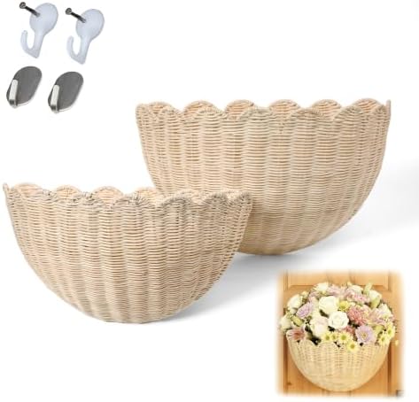 Set of 2 Scalloped Woven Rattan Wall Hanging Baskets, Decorative Wall Storage Baskets for Nursery, Bathroom, Kitchen, Farmhouse & Entryway Decor by Unknown