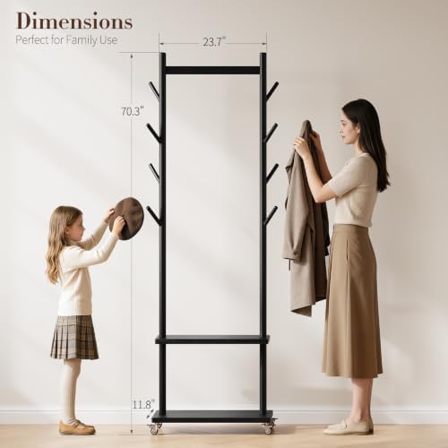 Yoobure Solid Wood Coat Rack Freestanding - Rolling Clothes Rack with 8 Hooks & Shelves, Small Clothing Rack with Wheels, Heavy Duty Clothing Racks for Hanging Clothes, Portable Hall Tree for Entryway - Image 2