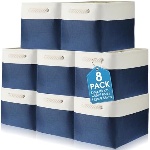 meekoo 8 Pack Fabric Storage Bins Baskets, 15 x 11 x 9.5 in, Blue White by meekoo