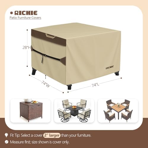 RICHIE Outdoor Patio Furniture Cover - Heavy Duty Waterproof 600D Tough Canvas Protector for Square Table Cover, All-Season Dining Table and Chair Cover (74L x 74W x 28H Inch) - Image 2