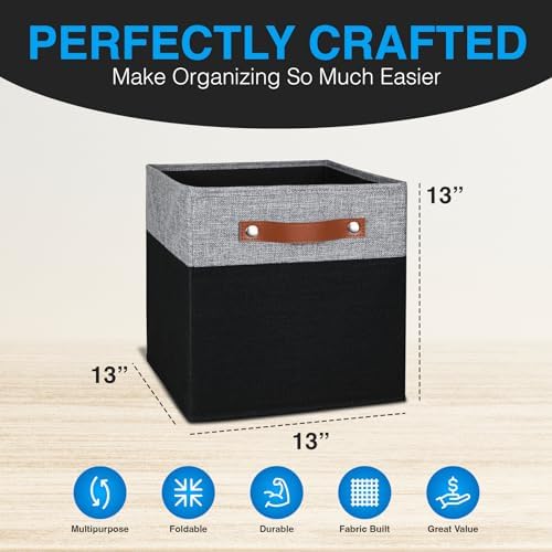 13x13 Storage Cubes - 6 Pack - Linen Fabric 13 Inch Cube Storage Bins for Bedroom, Living Room, Clothes and Toys; Foldable, Dual Leather Handles - Image 3