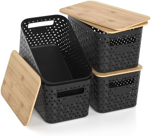 Plastic Storage Bins with Bamboo Lids, Stackable Small Box Baskets for Organizing and Containers for Shelves Drawers Desktop Closet Pantry Classroom Office Home, 4 Pack 12x7.3x6.2 Inch, Black by ZFTMRR