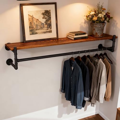 WEBI Wall Mounted Clothes Rack with Shelf,36" Industrial Pipe Clothing Rack with Shelf with Hanging Rod,Heavy Duty Iron Garment Rack Bar,Retail Display Clothes Rod for Laundry Room,Closet,Black - Image 5