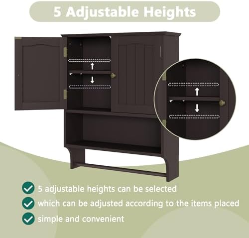 Smuxee Brown Wall Cabinet with Towel Bar - Medicine Cabinet with Adjustable Shelves, Over Toilet Cabinet for Laundry Room Kitchen - Image 4