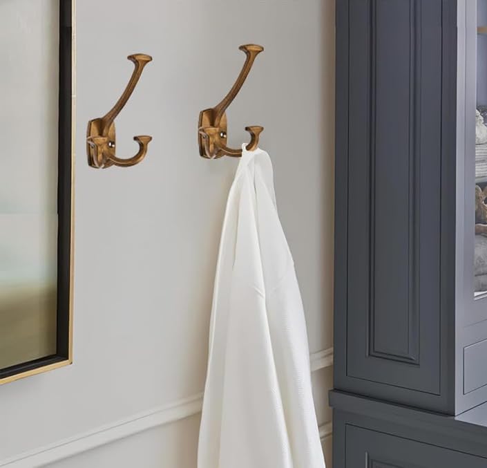 10 Pack Antique Brass Hooks Large Wall Mounted Solid Heavy-Duty Decorative Double-Sided Coat Hooks for Triple Coat Hook Towels Coats Robes Towels Bag Bathroom Three Prong Coat Hook - Image 4