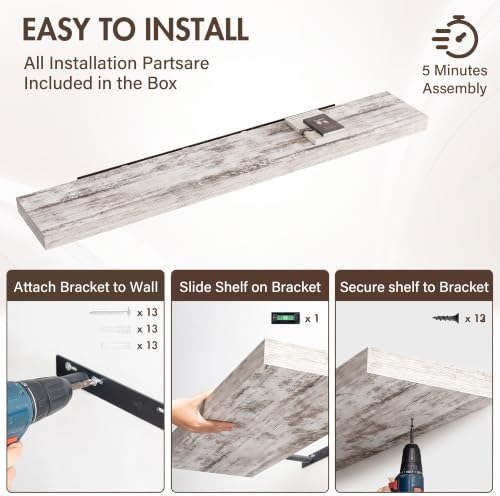 Acovy 72 Inch Floating Shelves, 12" Deep Floating Shelf Wall Mounted, 72" Wall Shelves, Rustic Deep Bookshelf, Extra Deeper & Thicker Display Shelves for Bedroom, Living Room, Set of 1 - Image 6