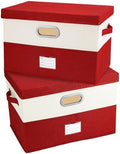 Large Linen Fabric Foldable Storage Bins with Removable Lid and Handles, Washable Storage Box Organizer Containers Baskets Cube with Cover for Bedroom,Office(Red&Cream, Large(2-Pack)) by Unknown