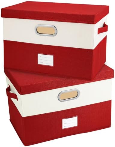 Large Linen Fabric Foldable Storage Bins with Removable Lid and Handles, Washable Storage Box Organizer Containers Baskets Cube with Cover for Bedroom,Office(Red&Cream, Large(2-Pack)) by Unknown