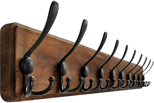 WEBI Coat Rack Wall Mount,38 9/16" Long,10 Hooks,Coat Hooks Wall Mounted,Coat Hanger Wall,Farmhouse Wood Hook Rack Rail,Triple Hooks for Hanging Coats,Clothes,Jacket,Brown by WEBI