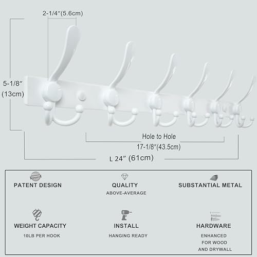 Dseap Coat Rack Wall Mount 24 Inch, Heavy Duty 12-Gauge Base vs Flimsy 1mm, Double-Thick Solid Anti-Snap Hooks, Stainless Steel 6-Hook Hanger Organizer for Clothes Hat Closet Entryway, White - Image 3