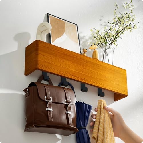 Key Holder Wall Mount with Shelf - Wooden Entryway Organizer with 4 Hooks for Keys, Coats & Hats - Wall Mounted Coat Rack for Hallway, Bathroom, Bedroom - Brown, 2-Pack - Image 7