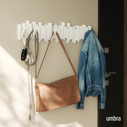 Umbra Sticks Wall Coat Rack, Wall Mount 8 Retractable Hooks, White - Image 2