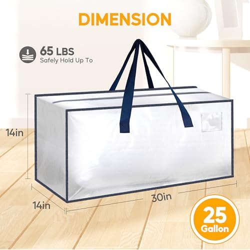 HealSmart 8 Pack Extra Large Moving Bags with Zippers & Carrying Handles, Heavy-Duty Storage Tote Moving Boxes for Dorm Room Essentials Storage Bags, Clear - Image 2
