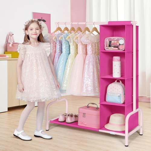 Univivi Kids Clothing Rack with Hanging Organizer, Rose Red and Pink - Image 2