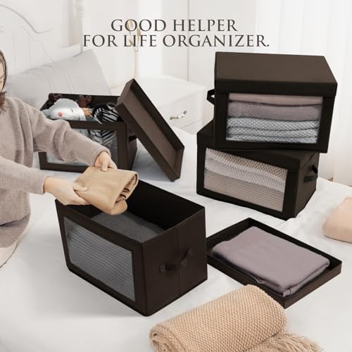 Homsorout Stackable Storage Bins with Lids - Medium Storage Box with Lids, Foldable Closet Boxes for Organizing, Wardrobe Clothes Organizer with Window, Cubes Bins for Living Room, 5 Pack, Brown - Image 2