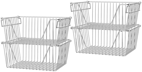 Slideep Large Stackable Storage Baskets Cabinet Organizer Sturdy Metal Wire Pantry Freezer Bin for Pantry Home Bathroom Kitchen Organization 4 Packs by WelcometotheSlideep