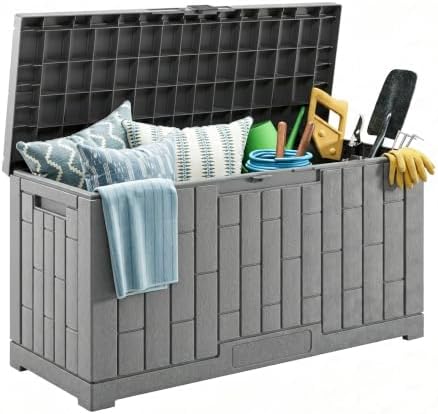 LAUSAINT HOME 60 Gallon Resin Deck Box, Package Delivery Box with Lockable Lid, Waterproof Outdoor Storage Box For Garden Tools, Patio Cushions(60 Gallon,Grey) by LAUSAINTHOME