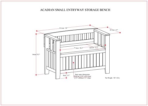 SIMPLIHOME Acadian 36" Wide Solid Wood Storage Bench in Brunette Brown - Image 3