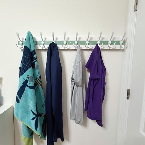 SKOLOO Coastal Coat Rack Wall Mount-38-1/8 Beach House Entryway Wooden Coat Hook with 10 Hooks for Hanging Coats, Hats or Towels, Oceanfront Cottage Core Collection, White & Green, Pack of 2 - Image 5