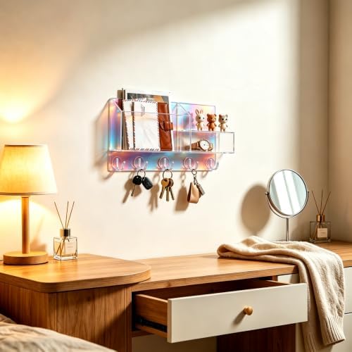 Acrylic Key Holder Wall Mount Mail Organizer for Wall with Shelf Storage Drawer and 5 Hooks, Iridescent - Image 3