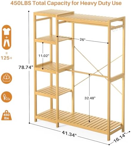 Homykic Bamboo Clothing Rack with 7 Adjustable Shelves, 2 Hang Rods - Image 4