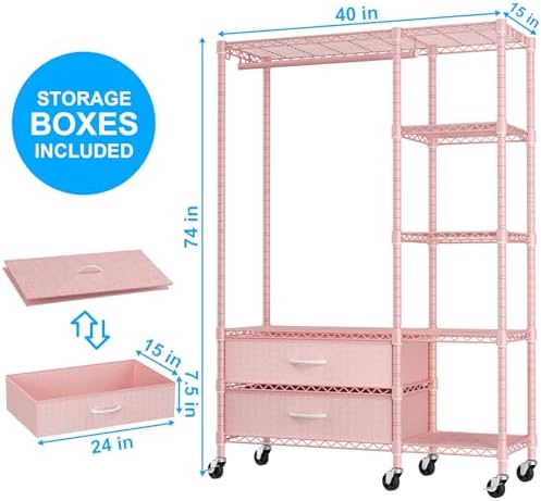 Ulif F3R Heavy Duty Clothes Rack（With Lockable Wheels）Freestanding Clothing Racks for Hanging Clothes，Adjustable Closet Organizer System，Portable Garment Rack 40"W x 15"D x 74"H，Max Load 700LBS，Pink - Image 2