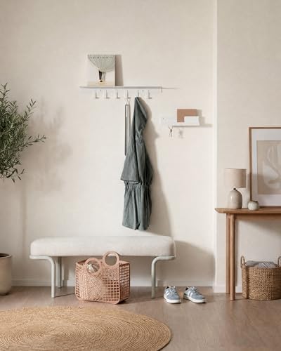 Kazai. Coat Rack Wall Mount with Shelf 'Holmsen' | Coat Rack with Shelf for Storage and Display | Wall Hooks for Hanging Clothes and Purses | Modern Entryway Hangers in Metal | White - Image 5