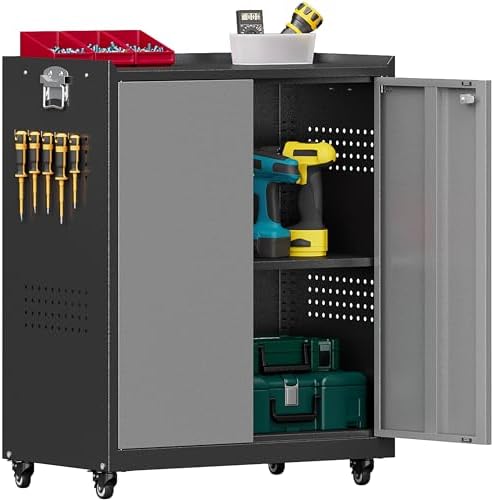 34''H Garage Storage Cabinet with Wheels, Meatl Storage Cabinet with Lock by Yoonkool