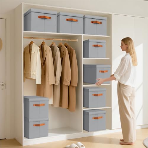 Homsorout Storage Bins with Lids - Large Fabric Closet Bins with Lid, 6 Pack Clothes Organizers and Storage, Collapsible Stackable Cube Basket for Home, Office, Dorm, Grey - Image 2