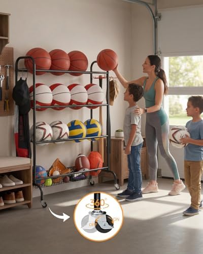 EXTCCT Basketball Rack with Wheels, 4 Tier Garage Ball Storage Organizer - Image 6