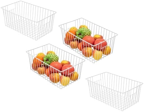 16Lx12Wx6H inch Wider Freezer Organizer Baskets Container, Refrigerator Metal Wire Storage Bins with Handles for Kitchen, Pantry, Cabinet, Closets - Pearl White（4 Packs by lonpute